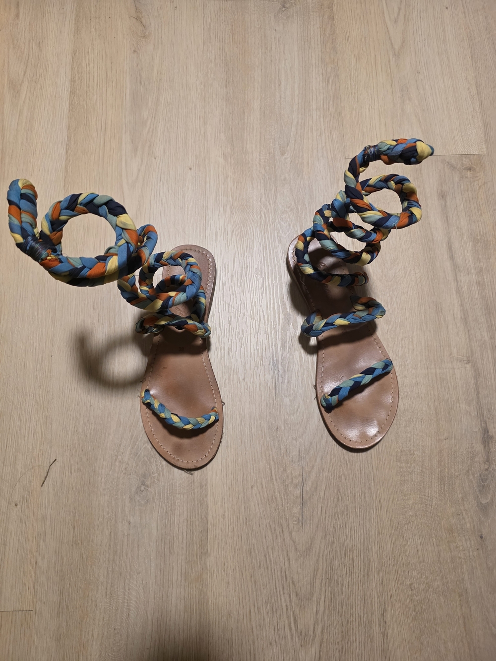 Free People Braided Multicolor Wrap Sandals in Blue, Yellow, Orange, Black
